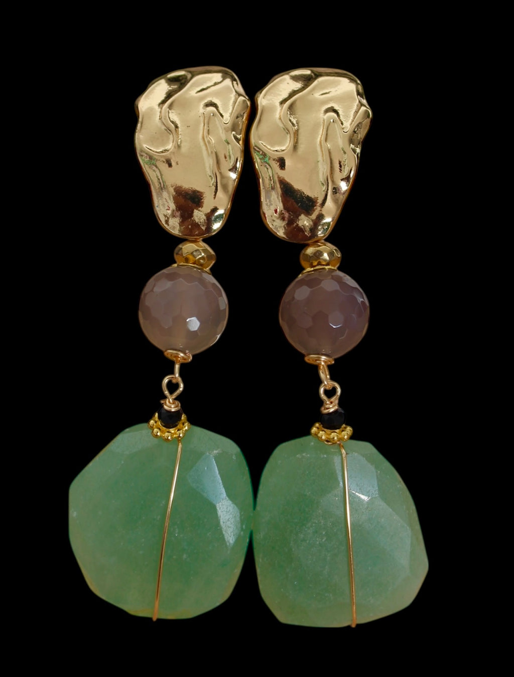 Gold-Plated Earrings with Aventurine & Smoky Quartz