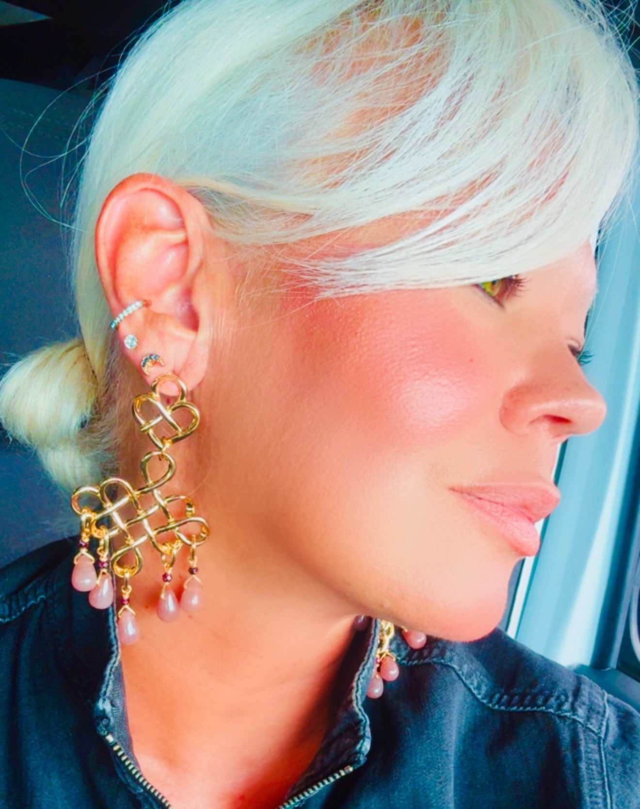 Chandelier Strawberry Quartz Gold-Plated Earrings