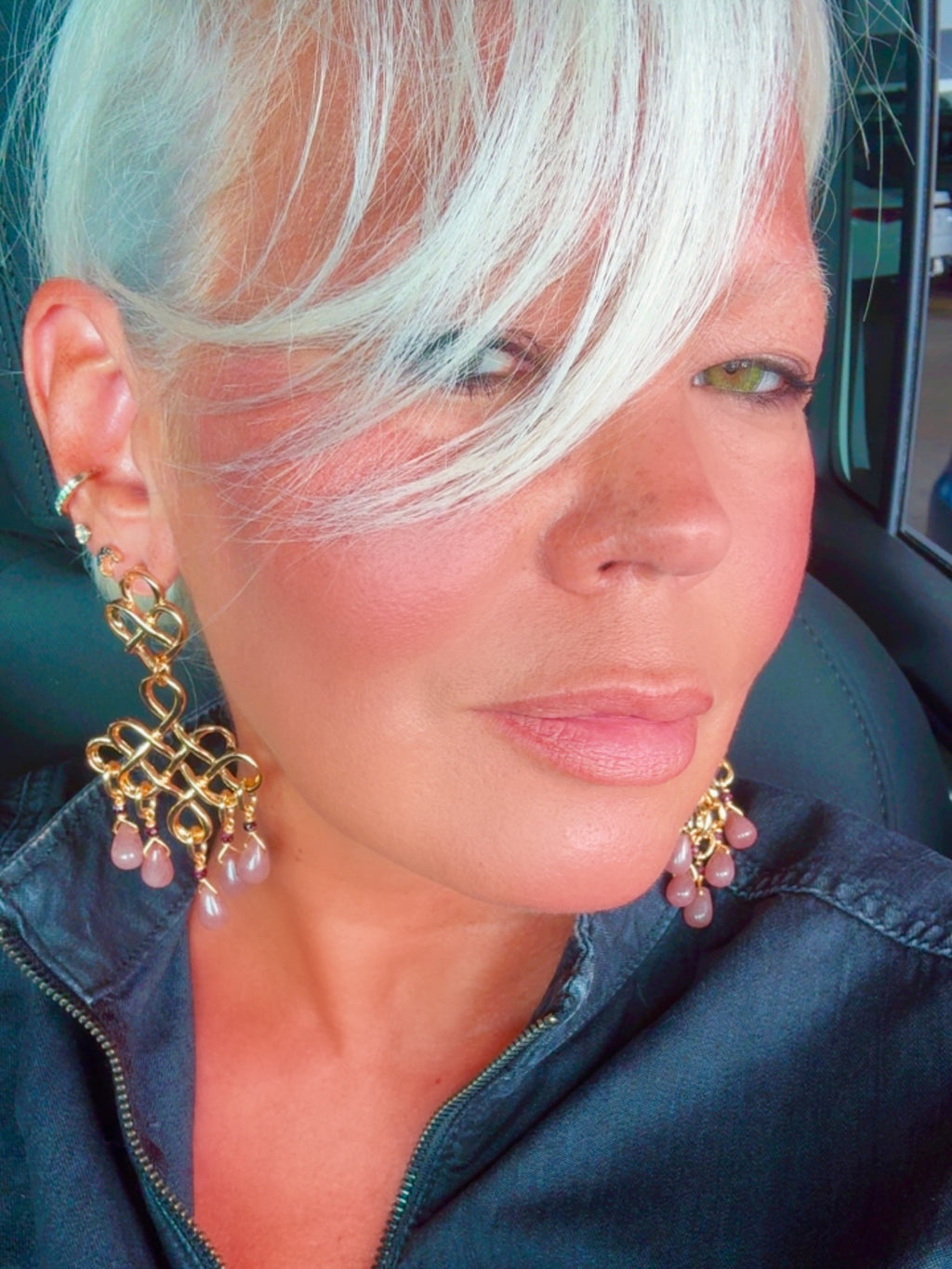 Chandelier Strawberry Quartz Gold-Plated Earrings