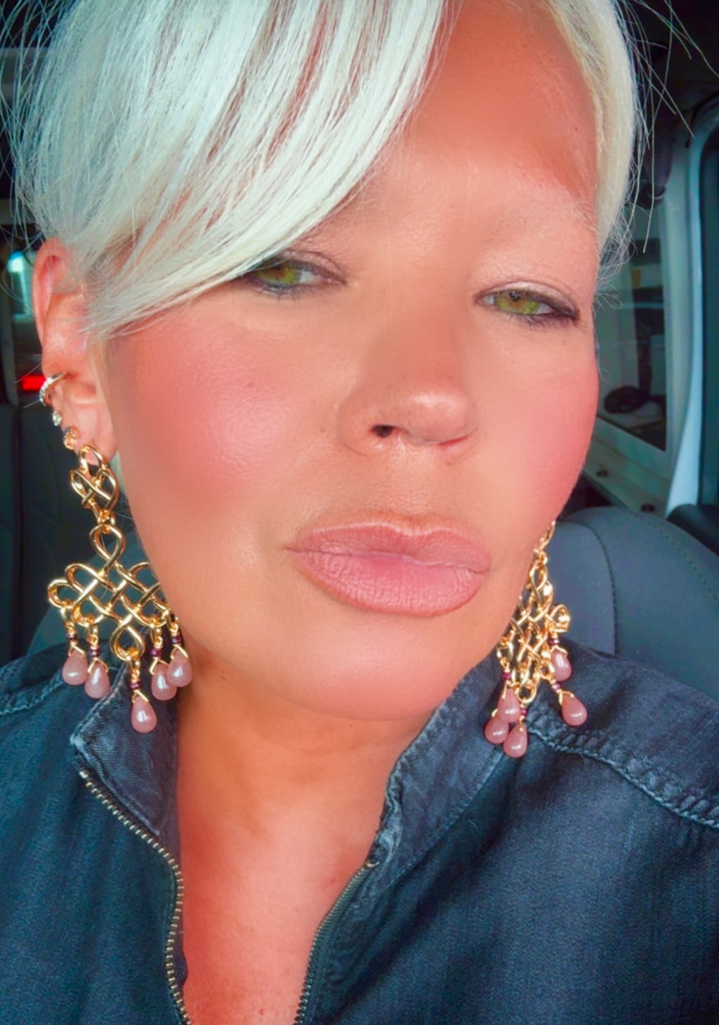 Chandelier Strawberry Quartz Gold-Plated Earrings