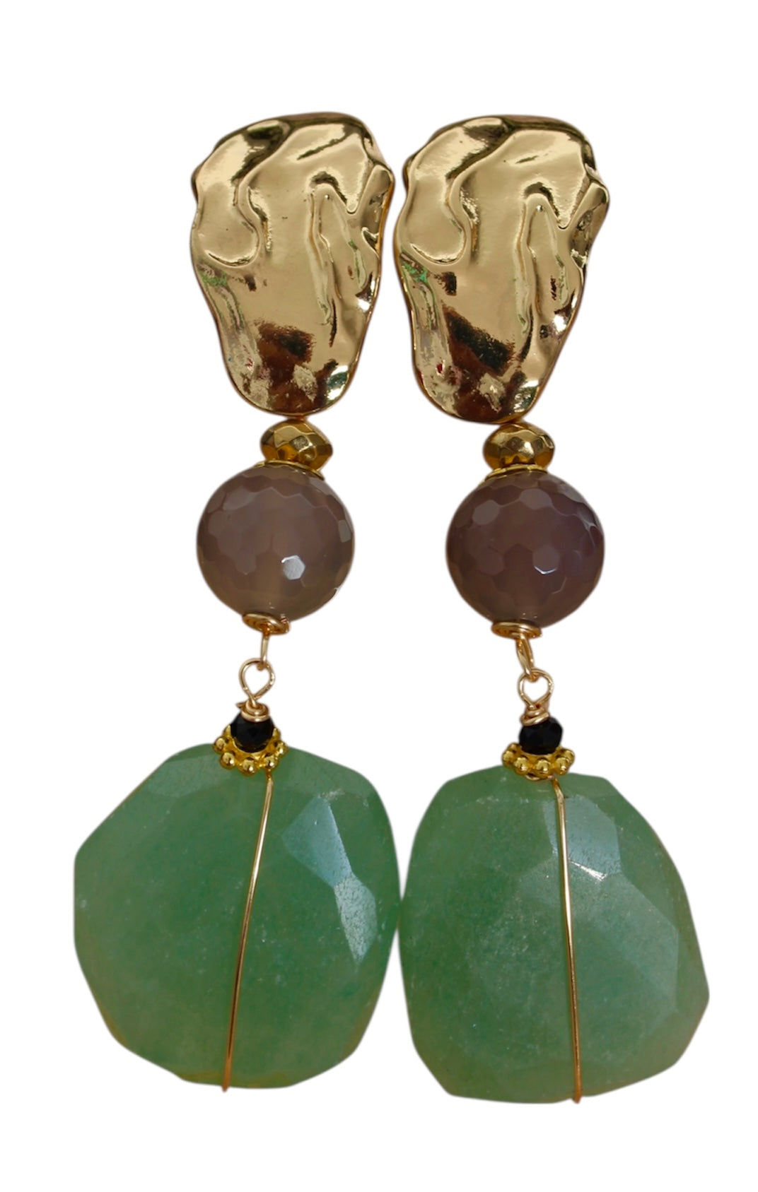 Gold-Plated Earrings with Aventurine & Smoky Quartz
